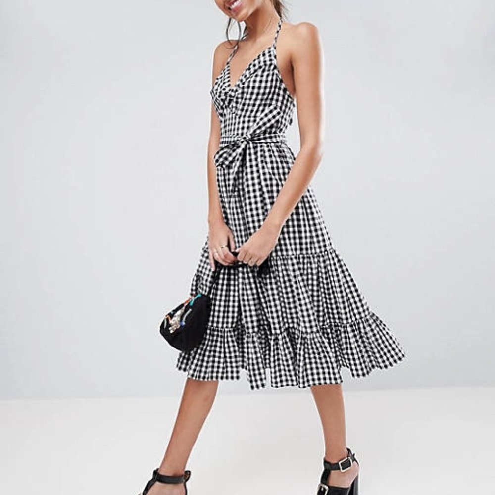 ASOS Gingham Tiered Midi Halter Sundress NWT